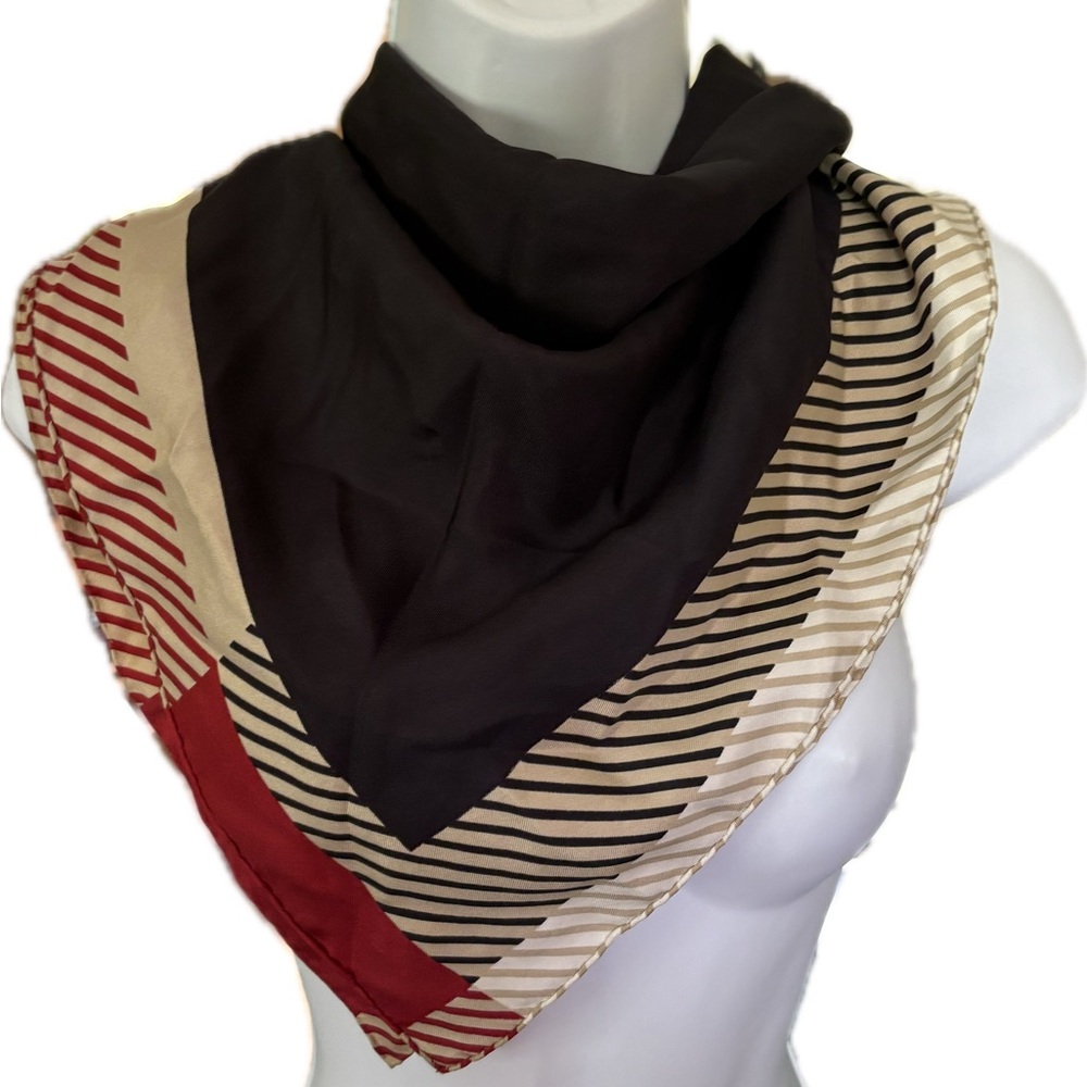 Burberry Black Red Beige Silk Square Scarf